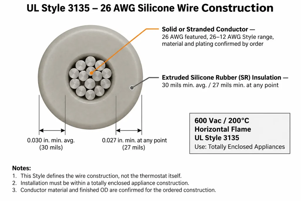 UL Style 3135 26 AWG silicone wire cross-section diagram showing conductor and 30 mil SR insulation wall