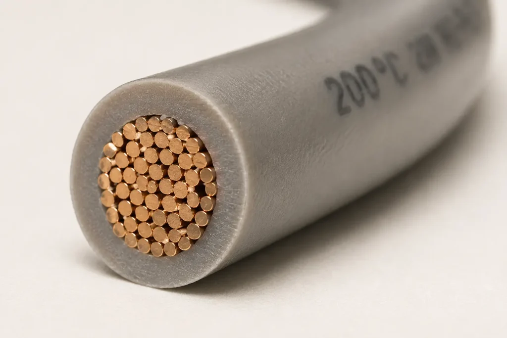 Macro cross-section of UL 3135 silicone insulated wire showing stranded conductor and extruded silicone rubber wall