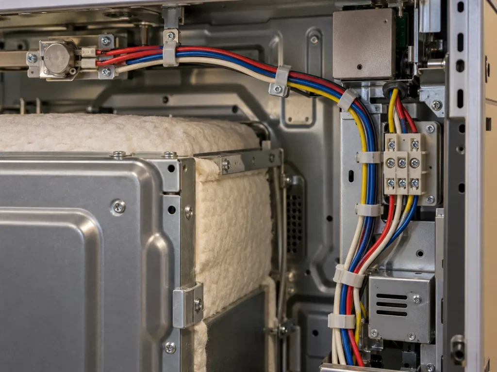 UL 3135 silicone wire routed as internal harness wiring near heat-adjacent zone inside totally enclosed oven assembly