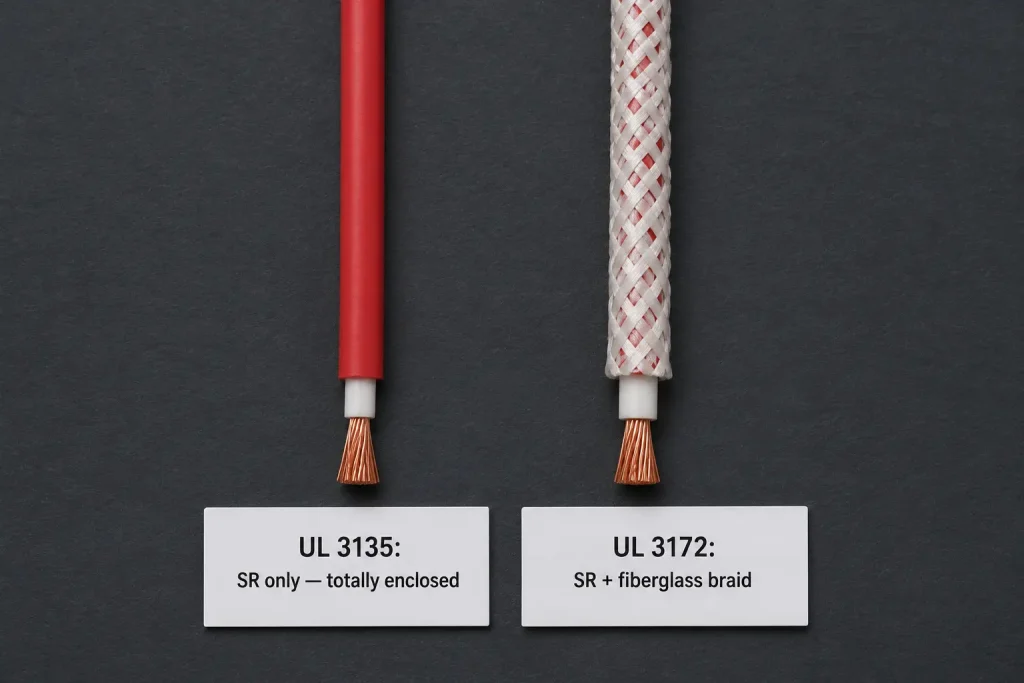 UL 3135 bare silicone rubber wire versus UL 3172 silicone rubber with fiberglass braid, 200°C 600V AC construction comparison