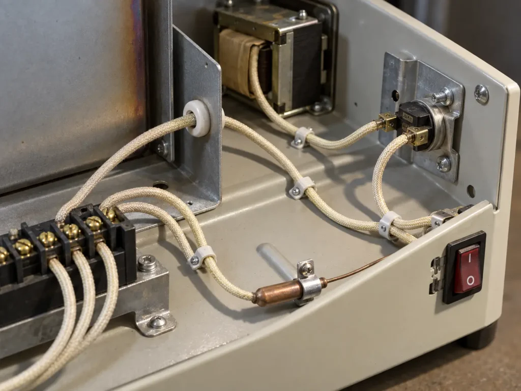 UL 3172 silicone fiberglass braid leads connecting internal components inside an electric heater appliance assembly