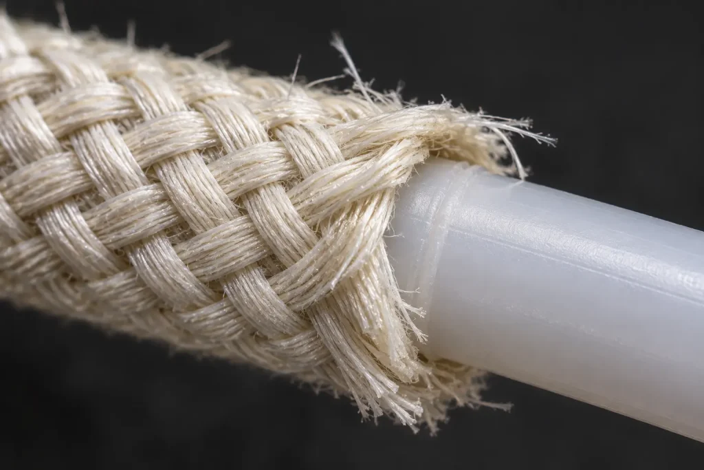 Macro detail of UL 3172 wire showing the fibrous braid covering over the silicone rubber insulation