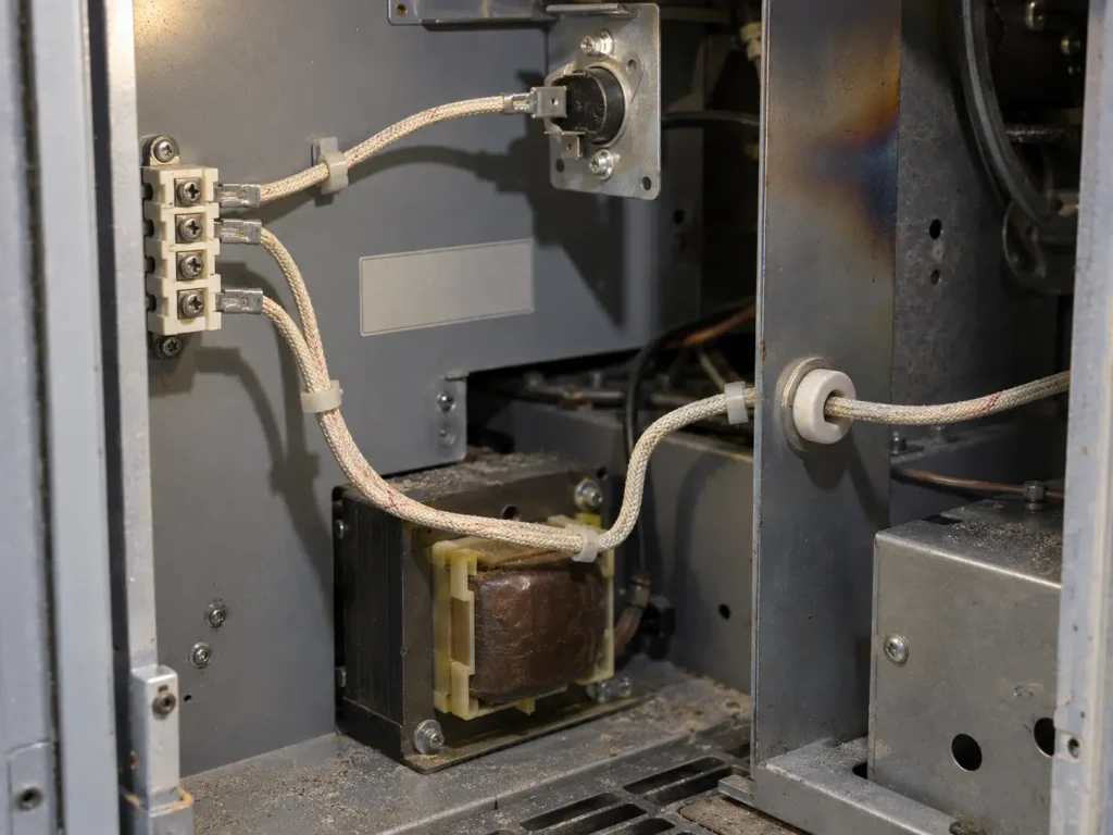 UL 3172 silicone fiberglass braid leads routed as internal wiring between components inside a furnace appliance assembly