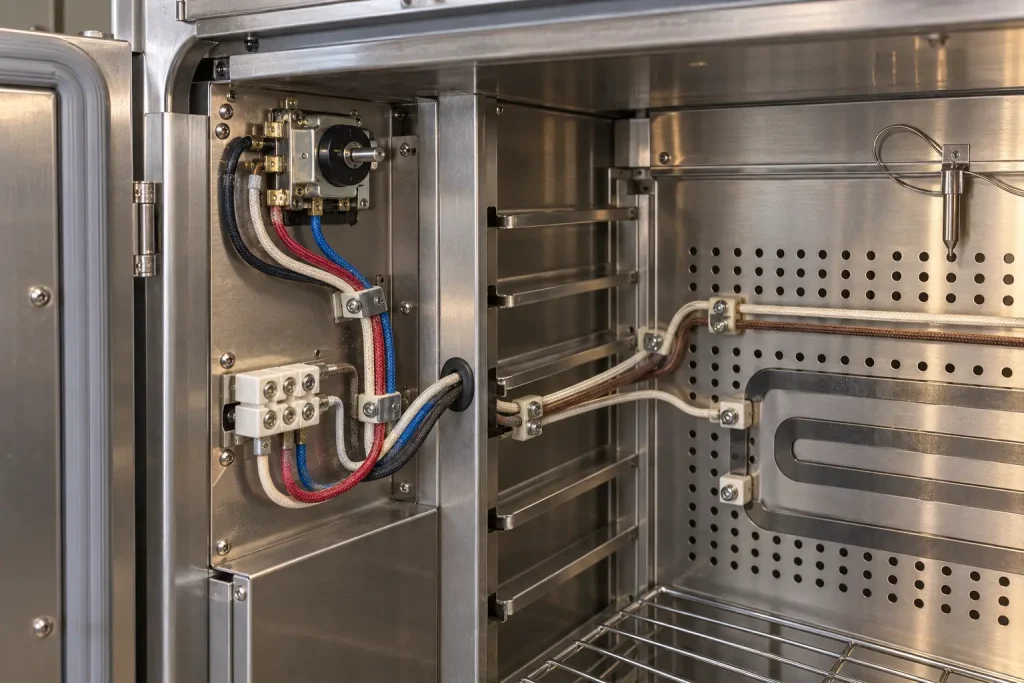 UL 3172 silicone fiberglass braid wire routed as internal wiring inside a heated holding cabinet