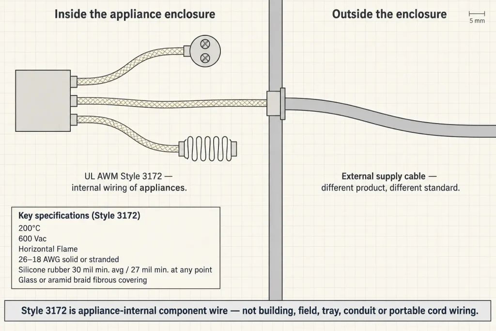 Diagram distinguishing UL 3172 internal appliance lead wiring from external supply cable outside the furnace enclosure