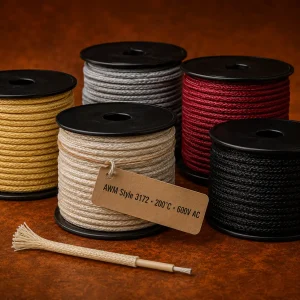 UL AWM Style 3172 silicone rubber fiberglass braid wire, 200°C, 600V AC, 26–18 AWG, multiple colour spools