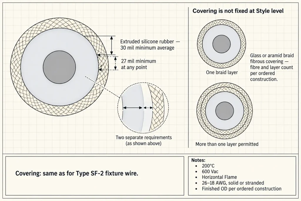 UL 3172 construction diagram showing extruded silicone insulation with one or more glass or aramid braid fibrous coverings