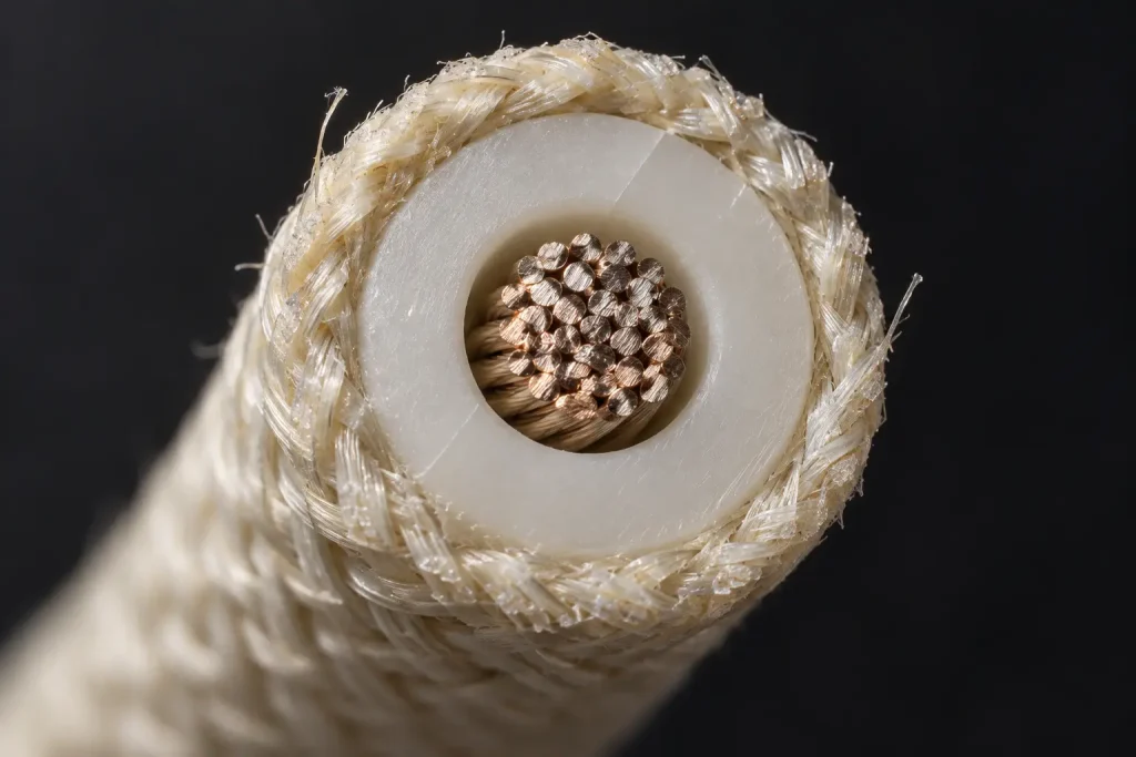 Macro view of a UL 3172 lead wire cut end showing extruded silicone insulation beneath the fibrous braid covering