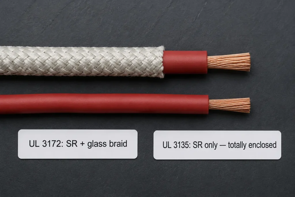 UL 3172 silicone rubber with fiberglass braid versus UL 3135 bare silicone rubber wire, 200°C 600V AC construction comparison