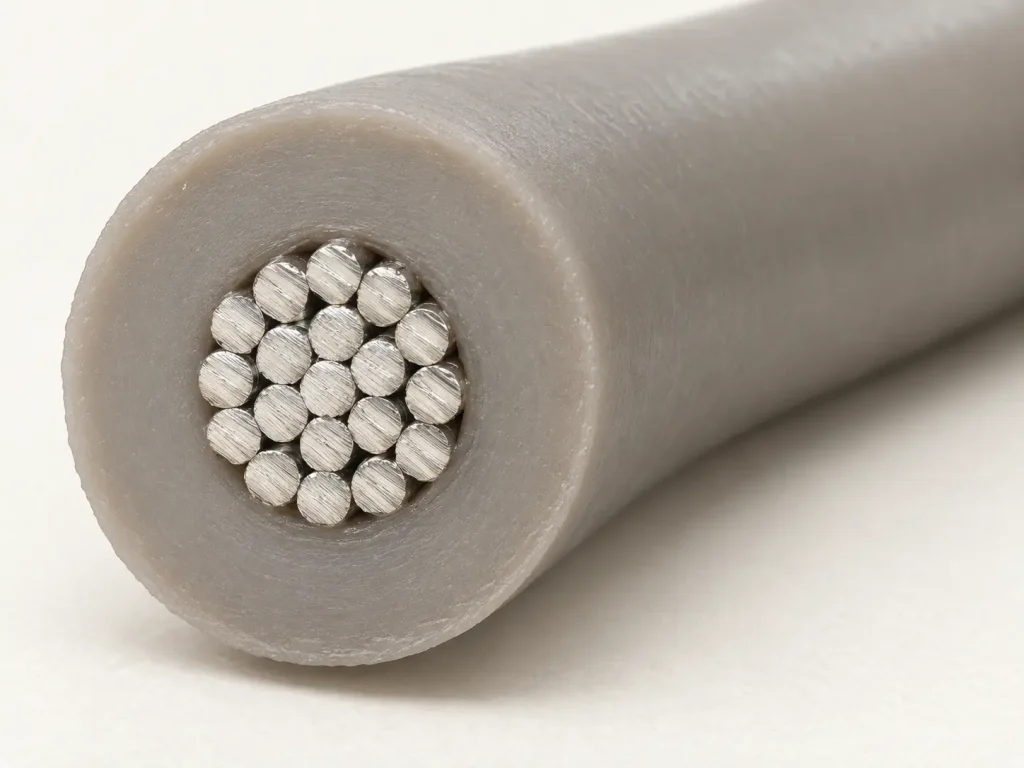 Macro close-up of UL 3239 17 AWG wire showing 21-strand tinned copper conductor and silicone insulation wall