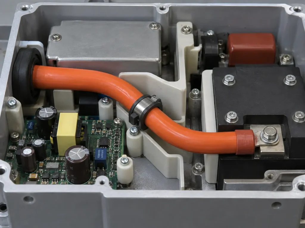 UL 3239 17 AWG high voltage wire routed through restricted channel inside compact high voltage module assembly