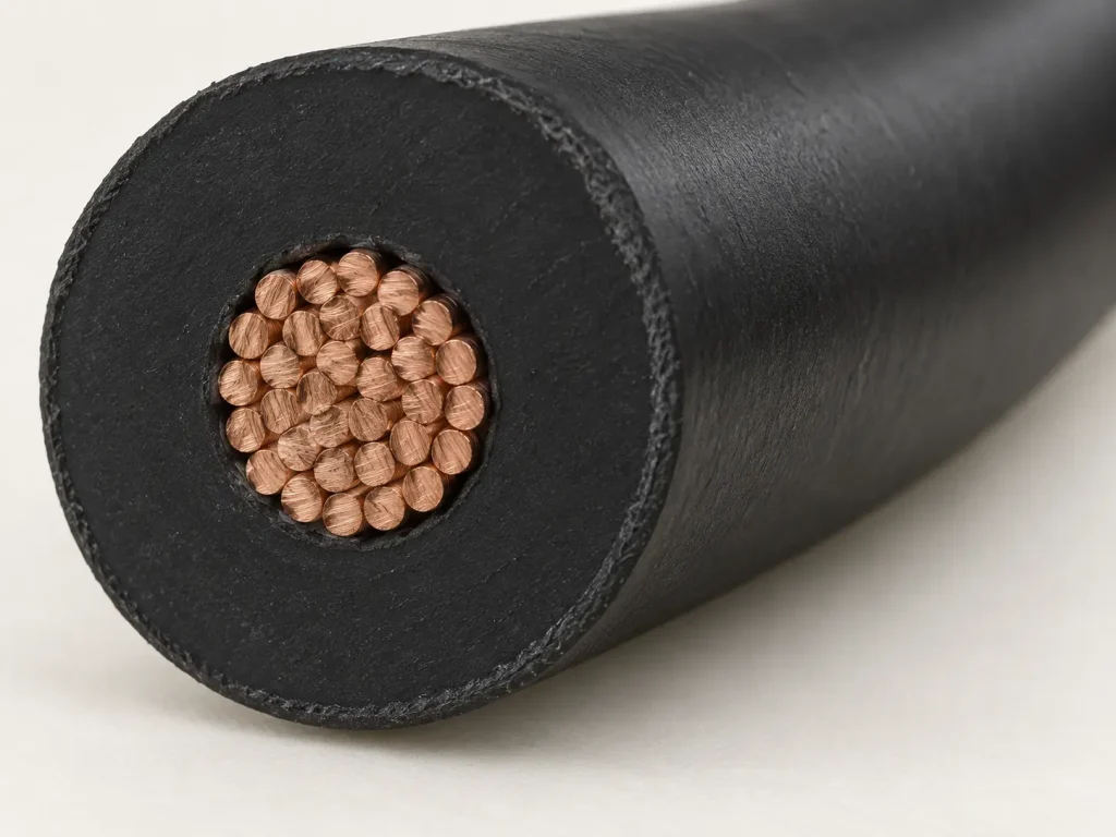 Macro close-up of UL 3239 power supply wire showing 32-strand conductor and thick silicone insulation wall
