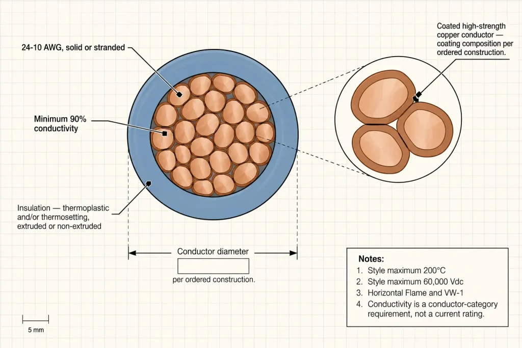 UL 3239 coated high-strength copper conductor construction diagram with minimum 90 percent conductivity callout