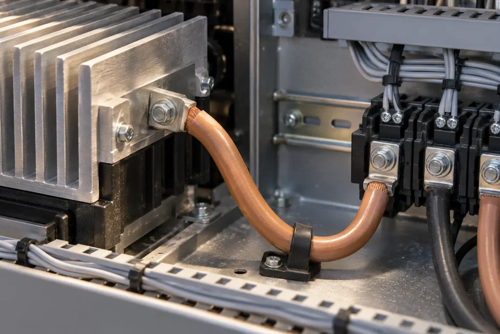 UL 3239 high-strength copper high voltage DC wire routed as protected internal wiring in inverter equipment