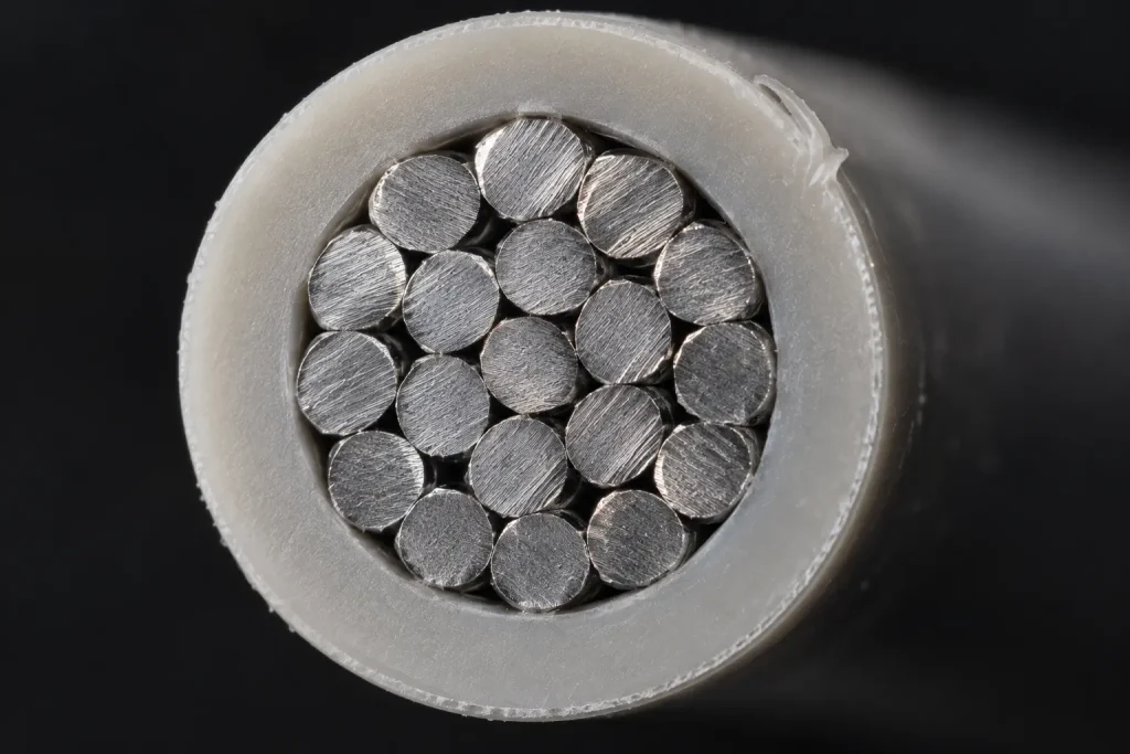 Macro cross-section of UL 3239 nickel conductor strands beneath the insulation