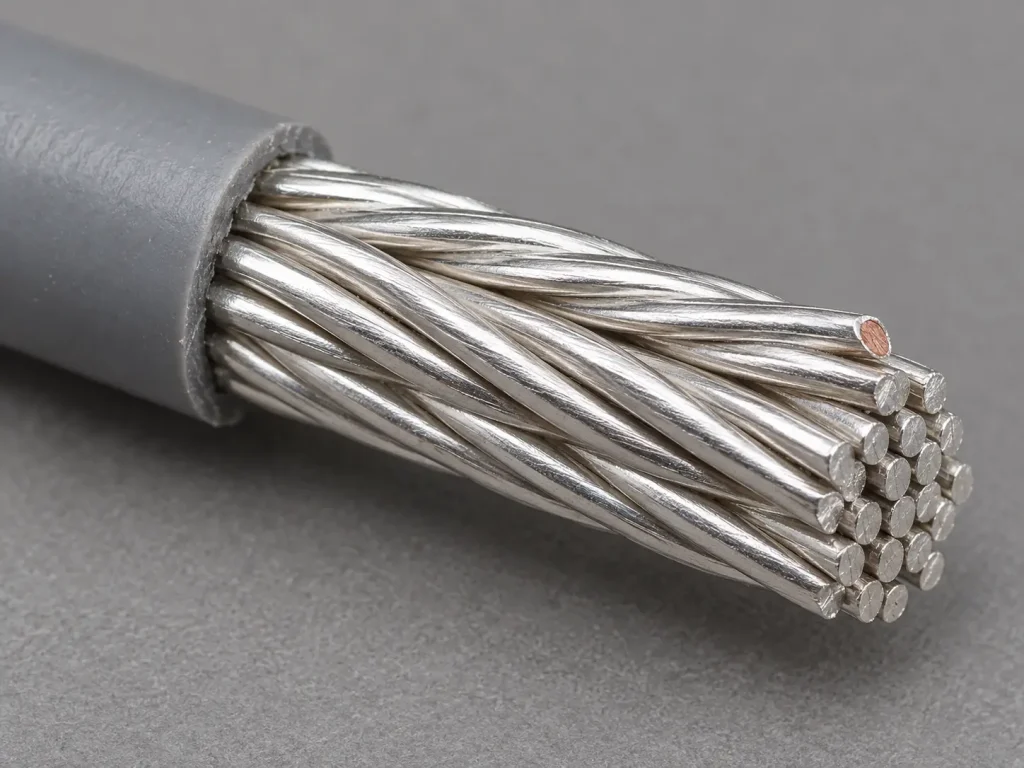 Macro close-up of UL 3239 nickel-plated copper conductor strands showing the silvery plated surface finish over copper