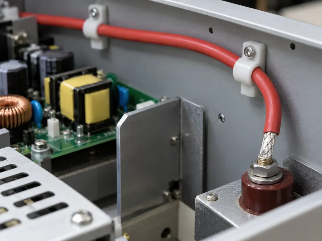 UL 3239 nickel-plated copper high voltage DC wire routed as protected internal wiring inside electronic equipment