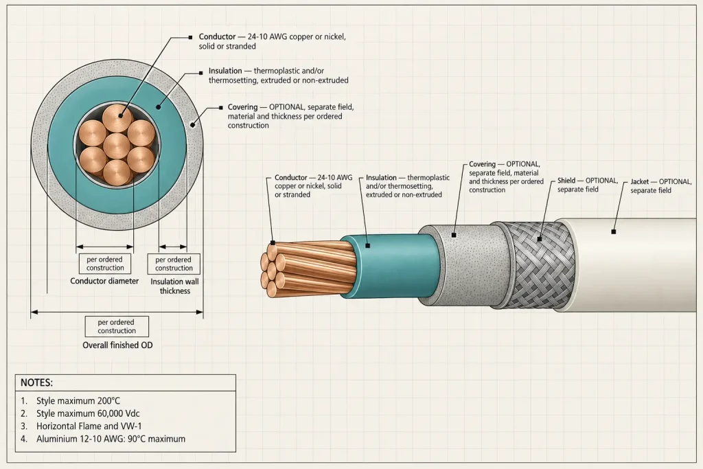 UL 3239 construction diagram showing insulation and optional covering as separate specification fields