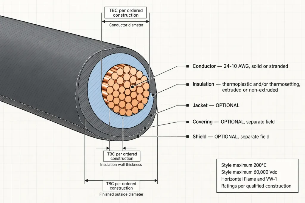 UL 3239 construction diagram showing conductor, insulation and optional jacket as separate fields