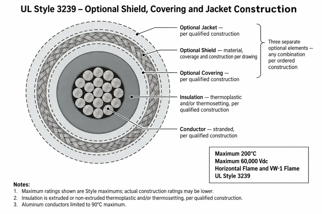 UL Style 3239 construction diagram showing conductor, insulation, and the three separate optional layers — covering, shield, and jacket