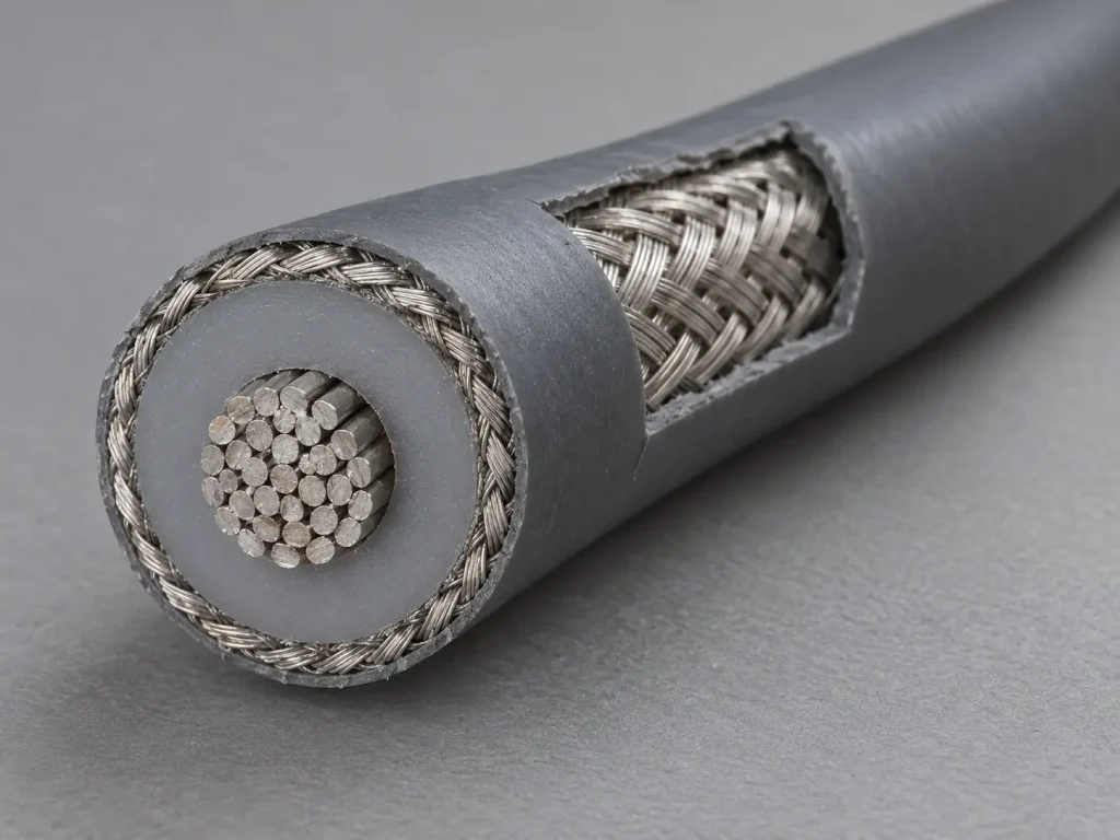 Macro cross-section of shielded UL 3239 high voltage DC wire showing conductor, insulation, and shield layer