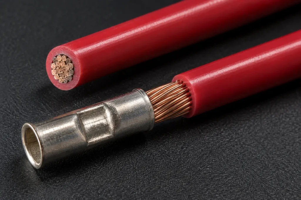 Macro view comparing bulk UL 3266 wire with a processed OEM lead prepared to a defined length and stripped end