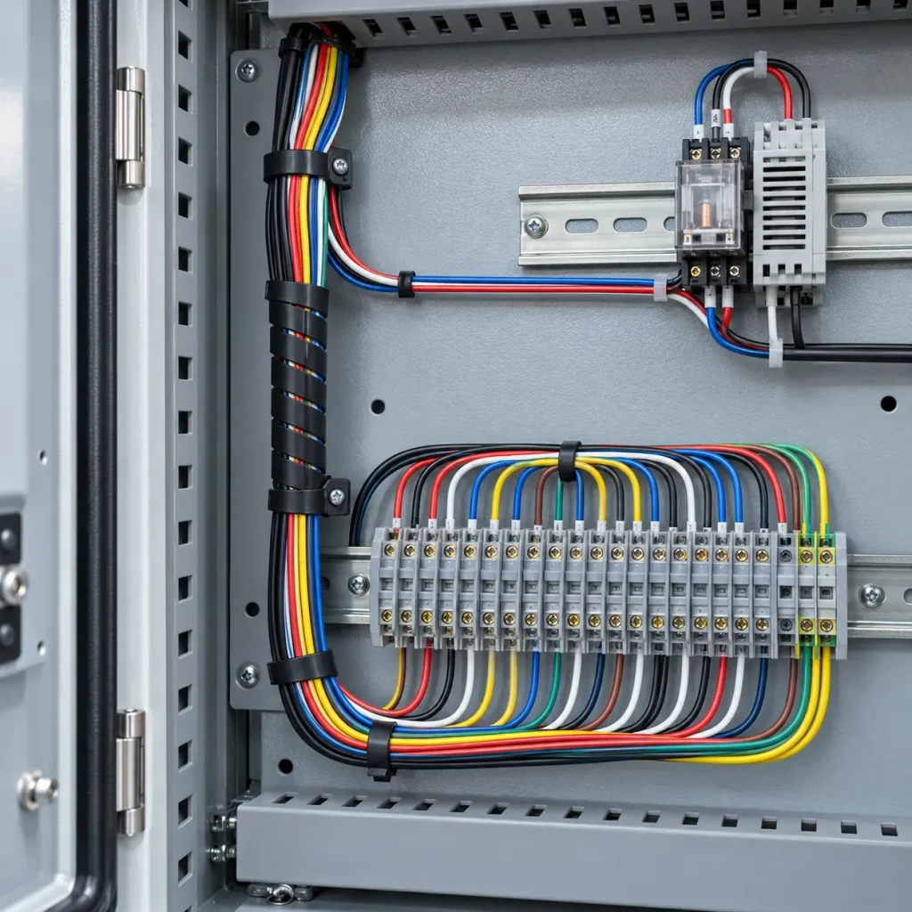 UL 3266 XLPE wires bundled as an internal harness routed to a terminal block inside fixed electrical equipment