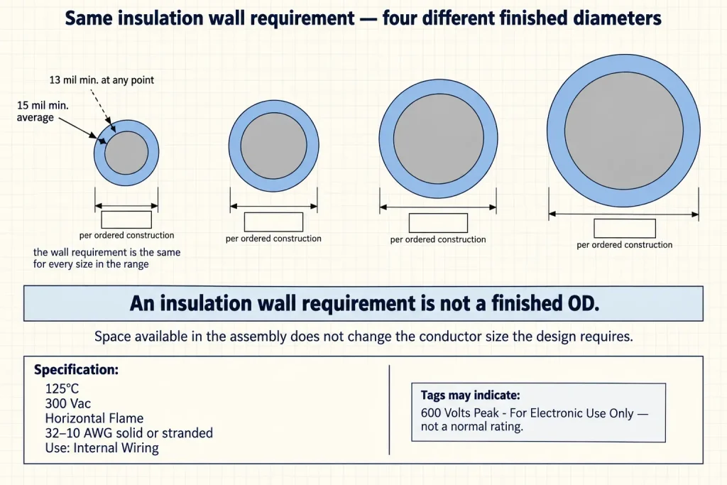 Diagram showing UL 3266 insulation wall requirements across different AWG and why they do not define one finished OD