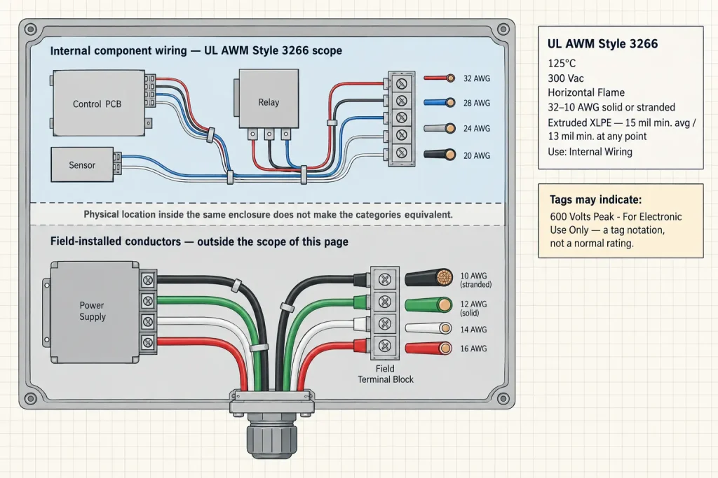 Diagram distinguishing UL 3266 internal component wiring from field-installed conductors within a control panel enclosure