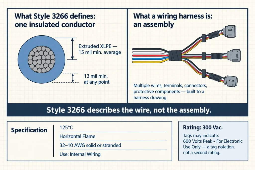 Diagram distinguishing a UL 3266 single insulated conductor from a completed wiring harness assembly