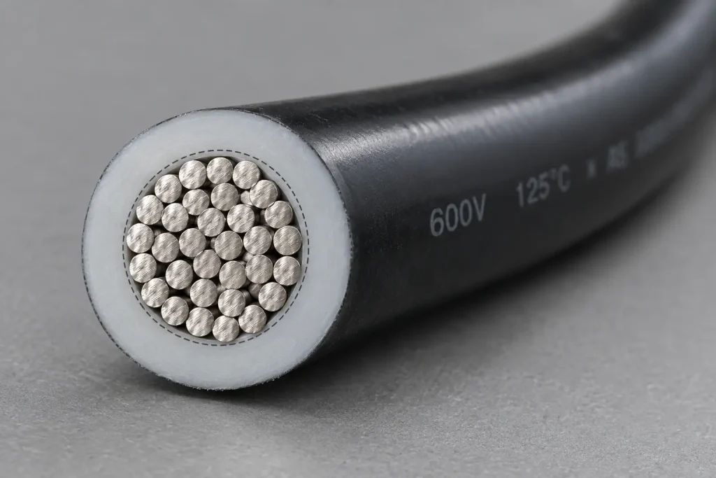 Macro cross-section of UL 3271 10 AWG XLPE motor lead wire showing stranded conductor and extruded XLPE wall