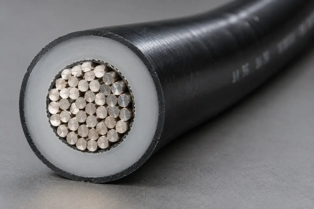 Macro cross-section of UL 3271 1 AWG XLPE motor lead wire showing heavy stranded conductor and extruded XLPE wall