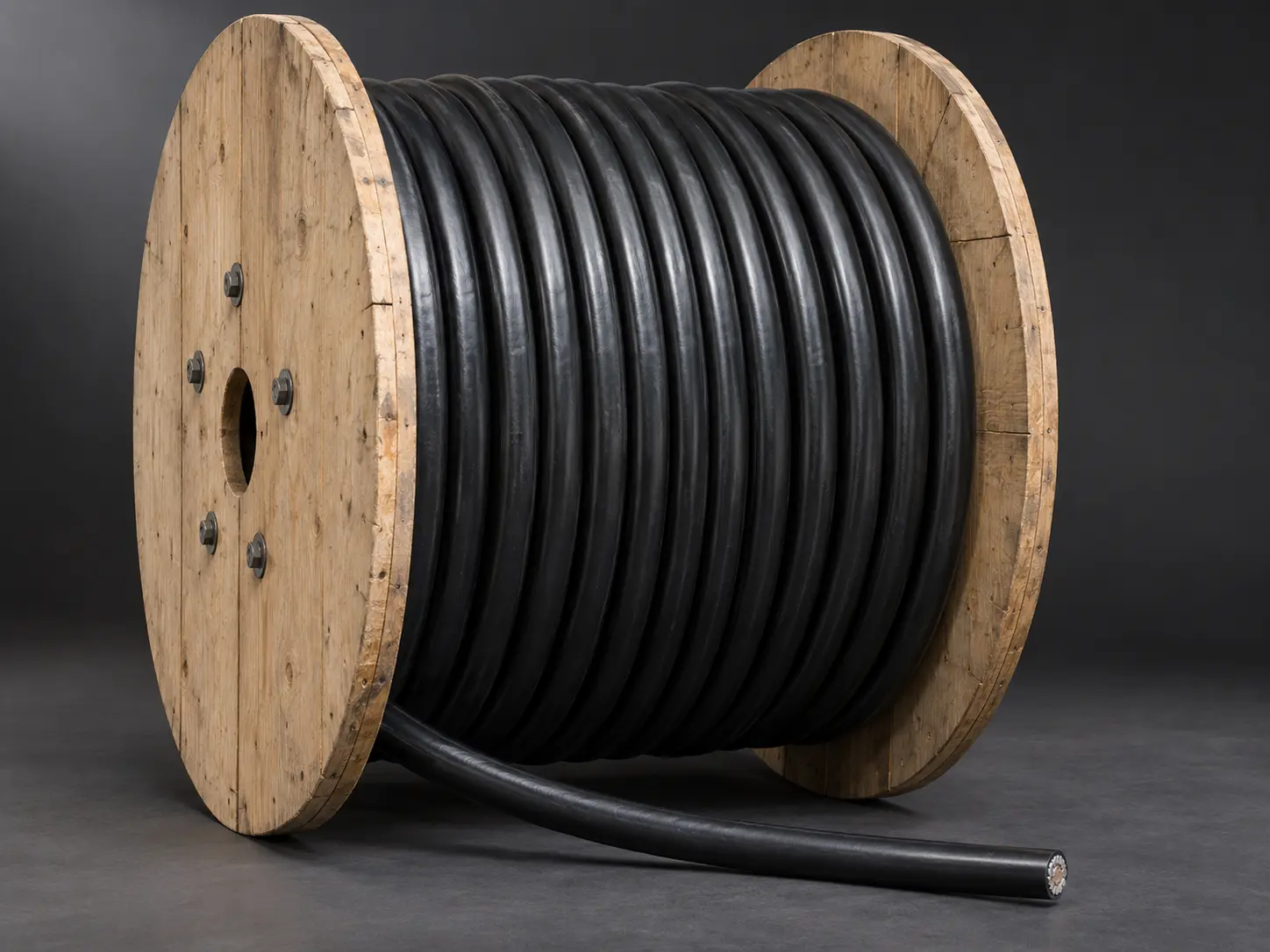 Large industrial drum of UL 3271 250 kcmil XLPE motor lead wire, 125°C 600 Vac 750 Vdc, for large motor lead applications