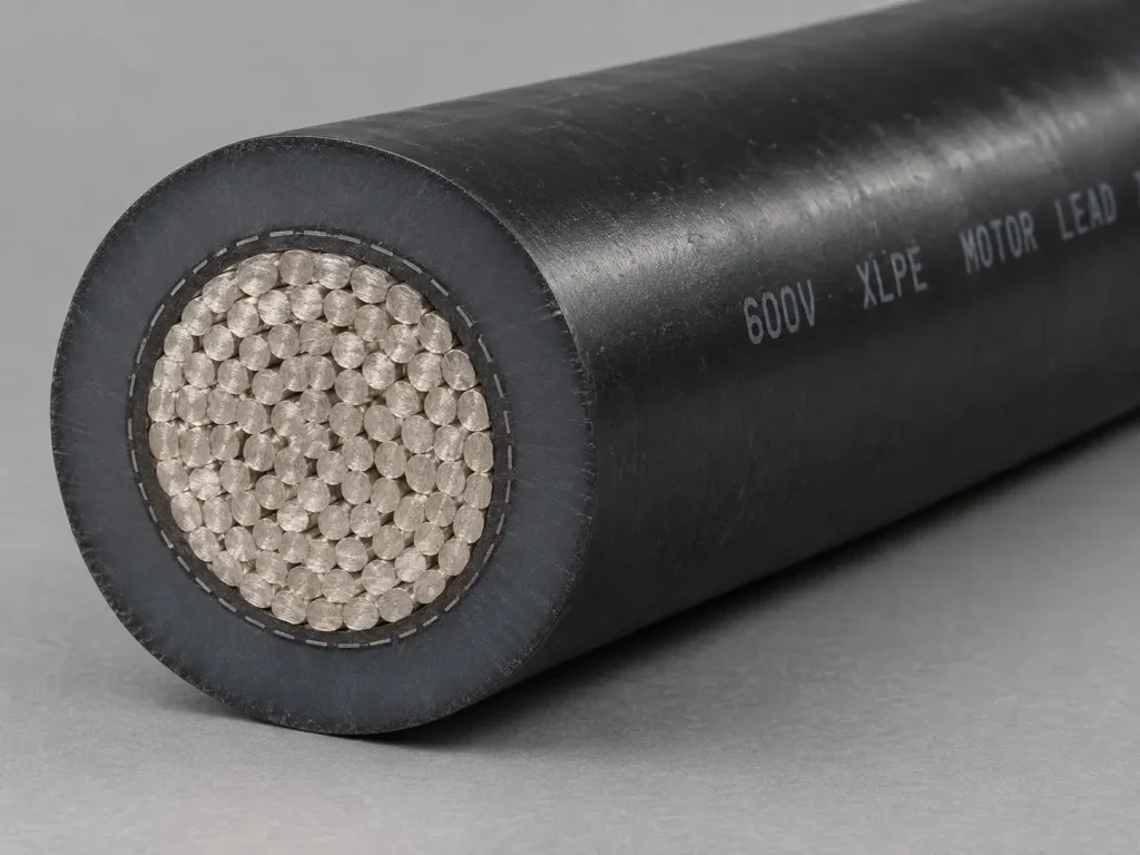 Macro cross-section of UL 3271 250 kcmil XLPE motor lead wire showing large stranded conductor and extruded XLPE wall