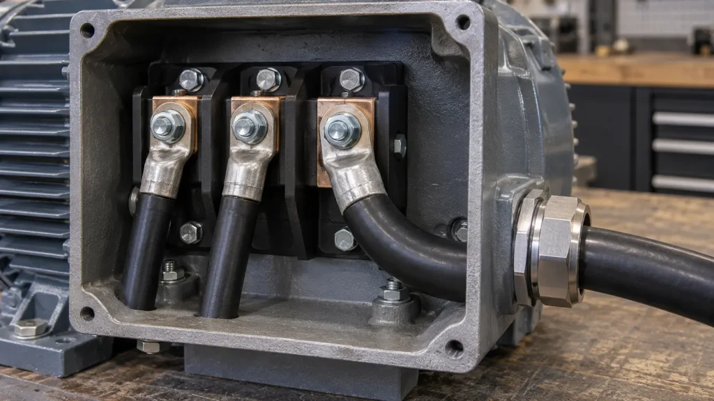 UL 3271 250 kcmil XLPE wire terminated with compression lug at large industrial motor terminal box