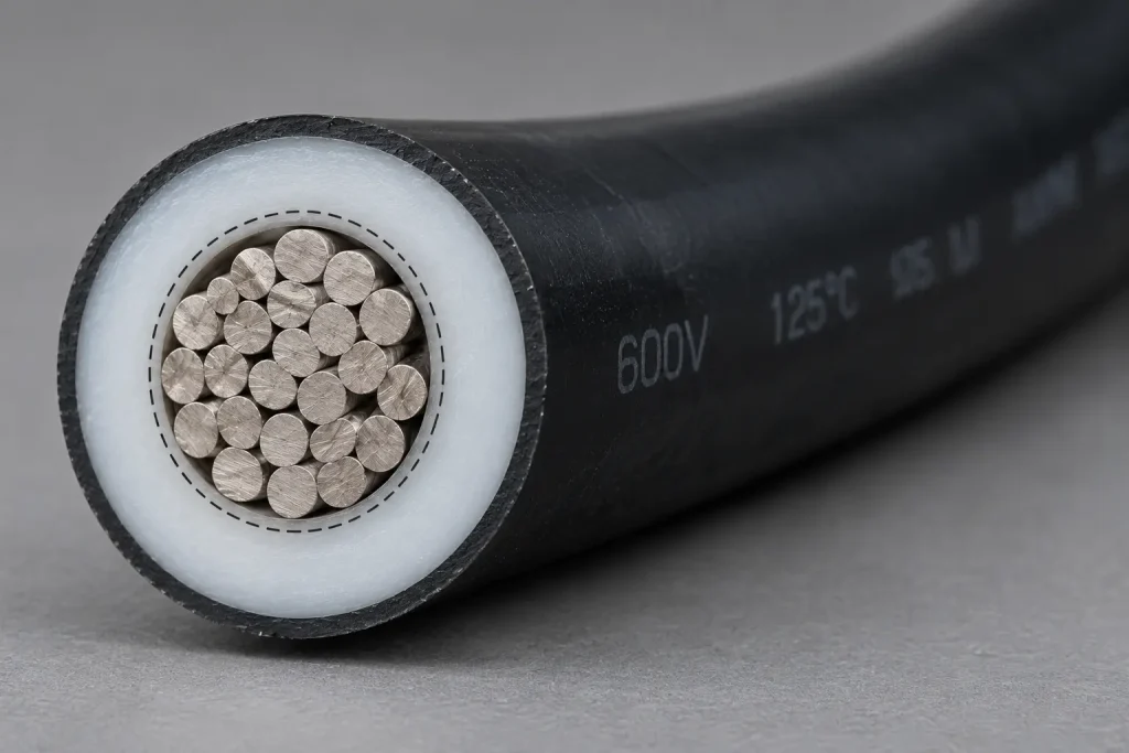 Macro cross-section of UL 3271 8 AWG XLPE motor lead wire showing stranded conductor and extruded XLPE wall