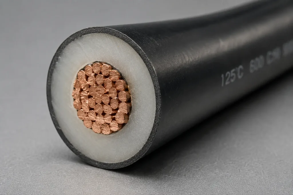 Macro cross-section of UL 3271 8 AWG XLPE motor lead wire showing stranded conductor and thick extruded XLPE wall