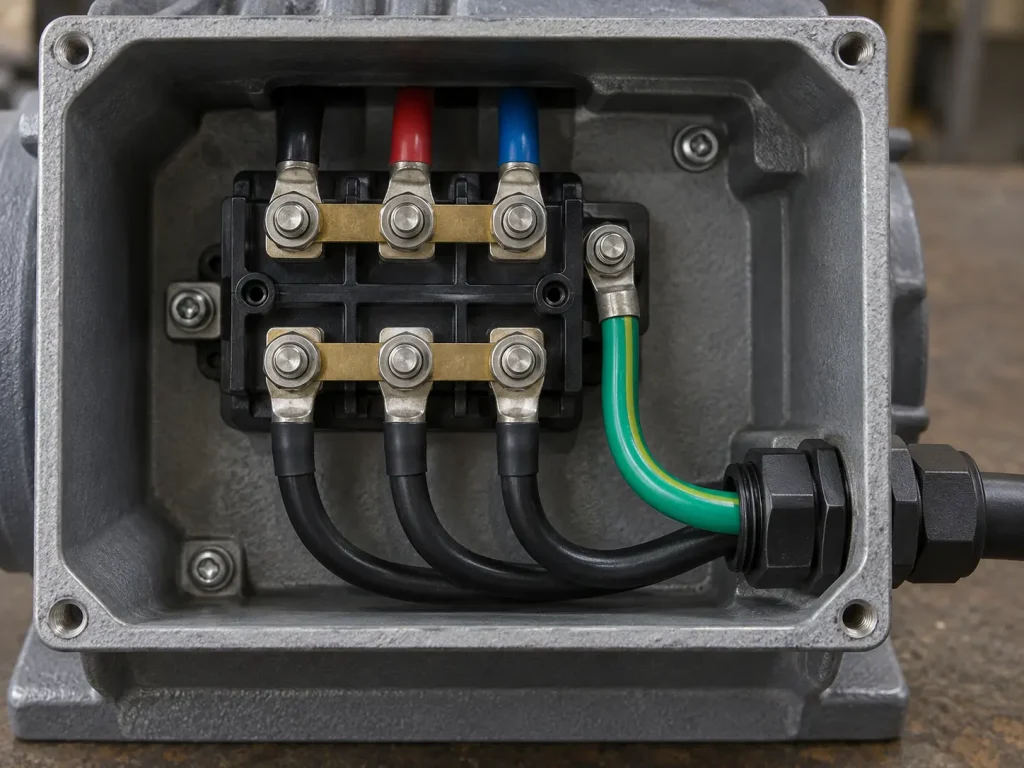 UL 3271 8 AWG XLPE wire routed as motor lead exiting motor terminal box through cable gland