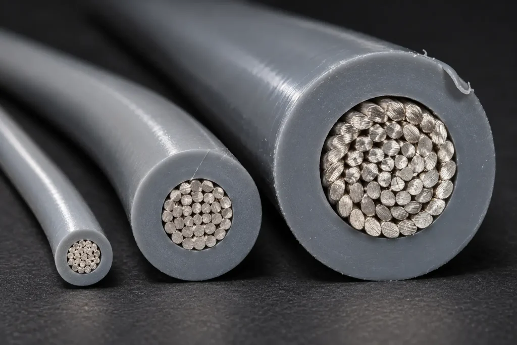 Macro contrast of UL 3271 conductors from different size groups showing increasing XLPE insulation wall depth