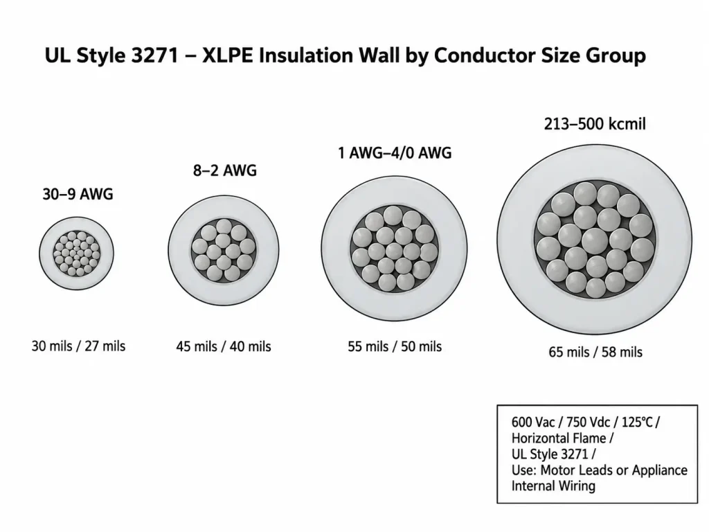 UL Style 3271 XLPE wire diagram showing insulation wall thickness matrix across four conductor size groups from 30 AWG to 500 kcmil