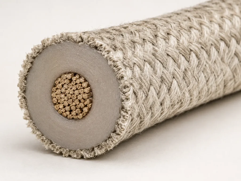 Macro cross-section of UL 3304 14 AWG silicone ignition wire showing stranded conductor, thick silicone wall and fiberglass braid
