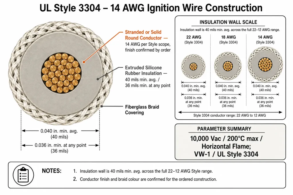 UL Style 3304 14 AWG silicone ignition wire cross-section diagram showing conductor, thick silicone insulation and fiberglass braid