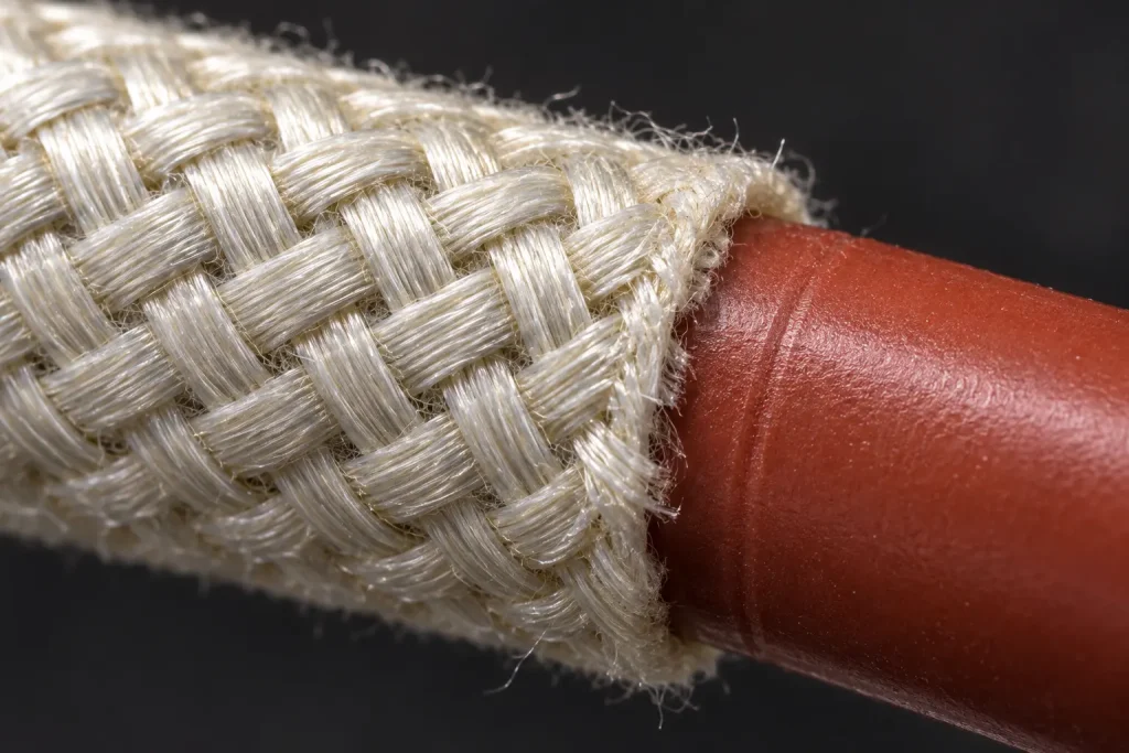 Macro detail of UL 3304 ignition wire showing the fiberglass braid as the outermost surface over the silicone insulation
