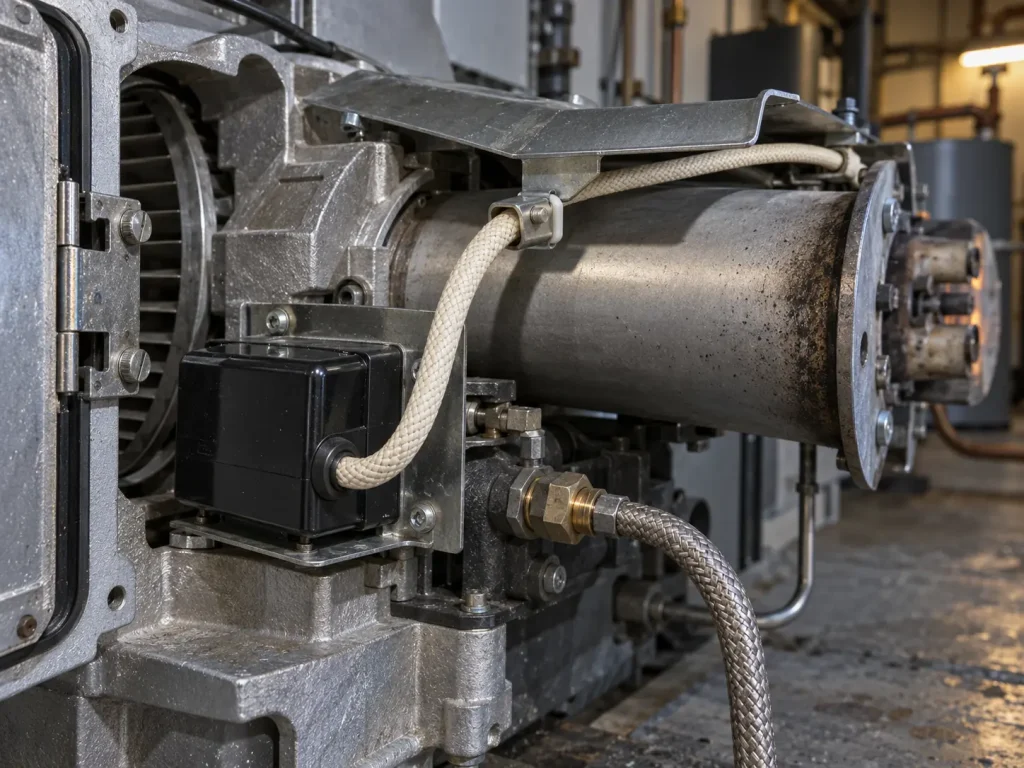 UL 3304 ignition lead routed and protected inside a fuel oil burner assembly near the service access path