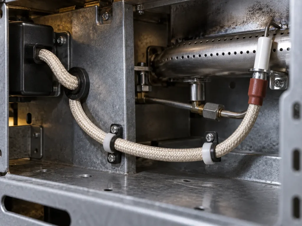 UL 3304 ignition lead routed and protected inside gas burner equipment between the ignition module and electrode