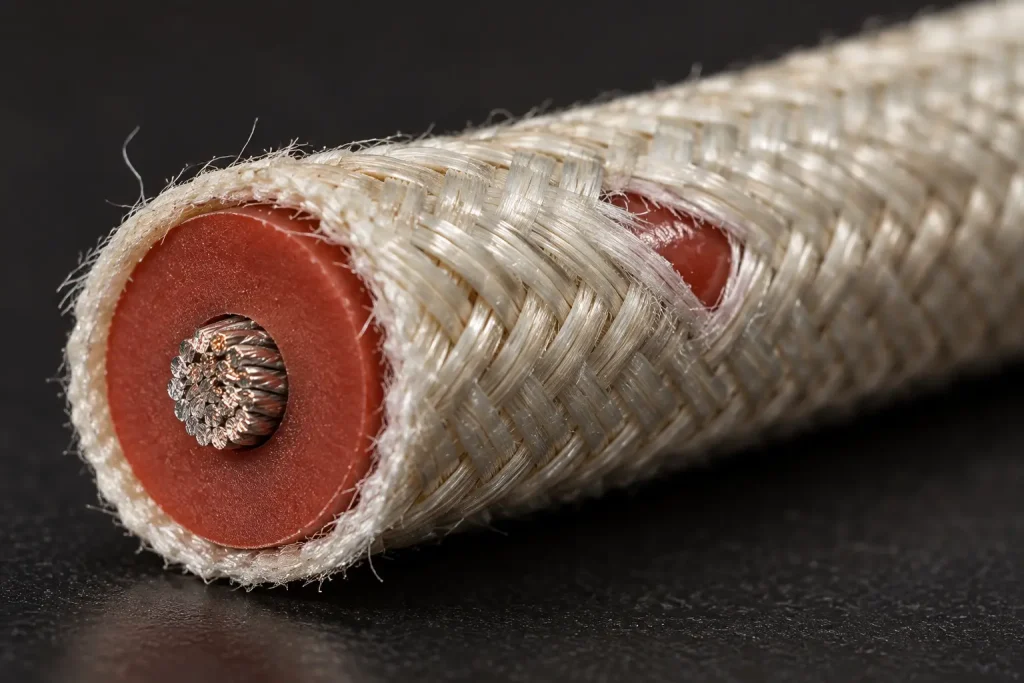 Macro view of a UL 3304 ignition lead cut end showing the silicone insulation wall under the fiberglass braid covering