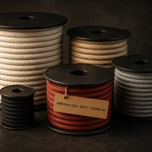 UL AWM Style 3304 high voltage ignition wire, 200°C, 10000V AC, 22–12 AWG, silicone rubber with fiberglass braid, multiple colour spools