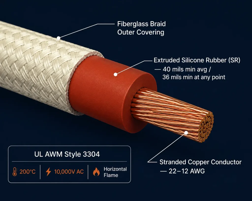 UL 3304 silicone ignition wire colour options: natural white, grey, red, black fiberglass braid, 200°C, 10000V AC, 22–12 AWG
