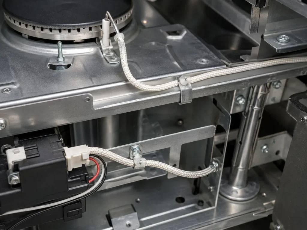 UL 3304 ignition wire protected internal routing in gas range appliance, connecting ignition module to spark electrode, fiberglass braid, 200°C 10000V AC