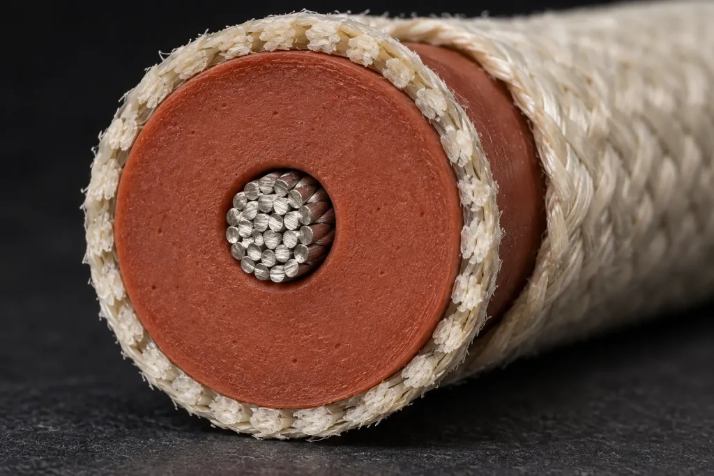 Macro cross-section of UL 3304 ignition wire showing the silicone insulation wall beneath the fiberglass braid covering